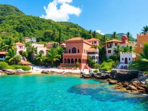 Peisaje tropicale exotice cu ape cristaline și vegetație luxuriantă.