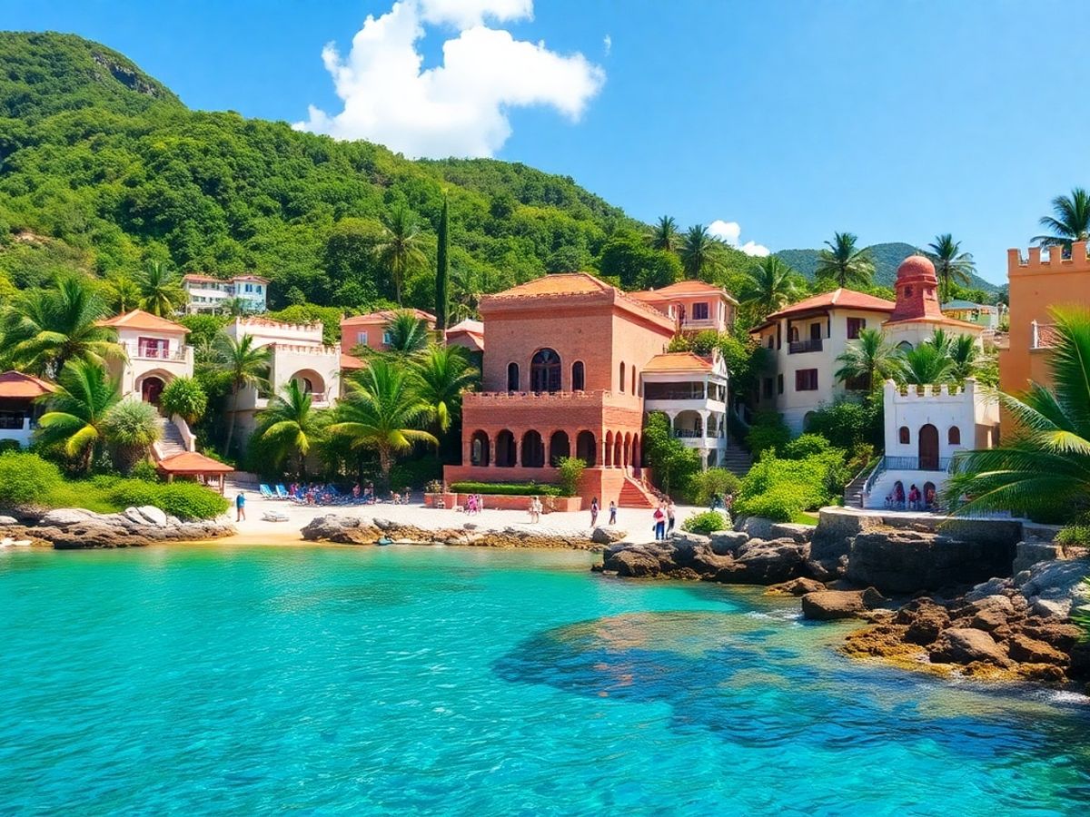 Peisaje tropicale exotice cu ape cristaline și vegetație luxuriantă.