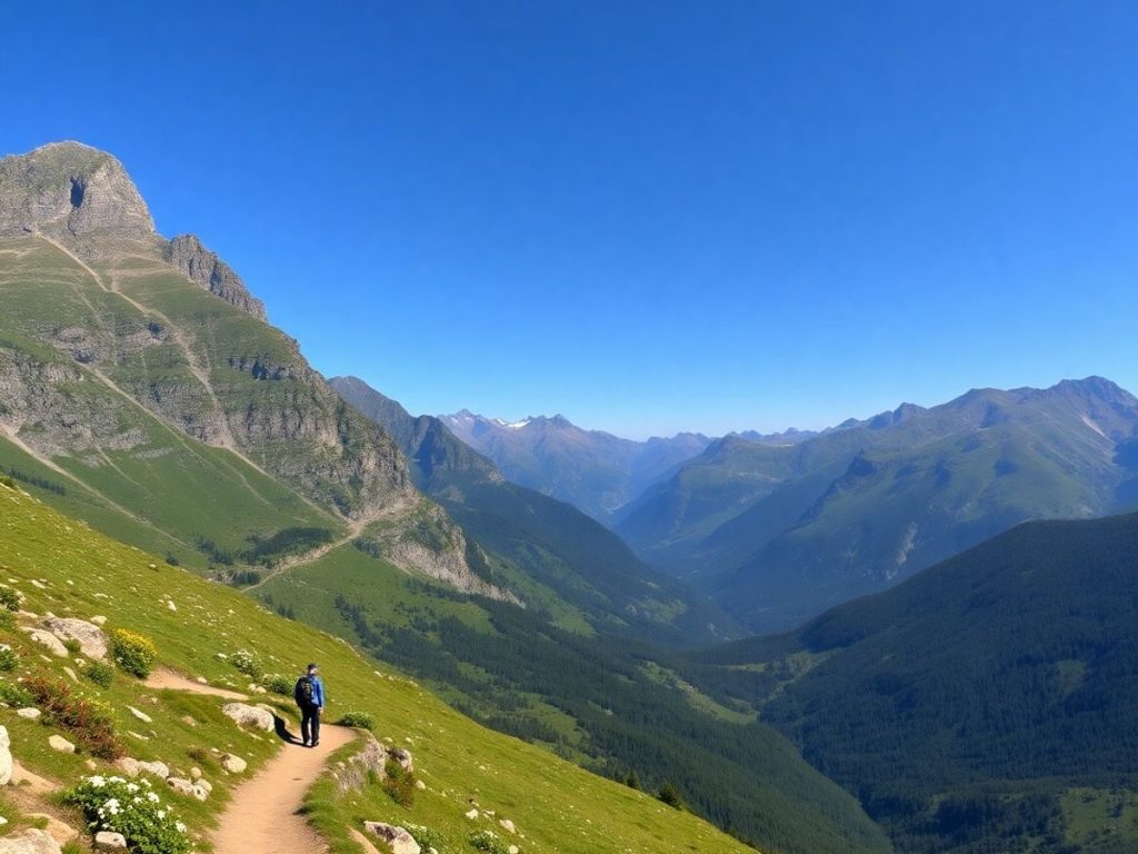 Peisaj montan cu trasee pitorești și vârfuri înalte.