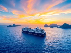 VisaTravel 34 O navă de croazieră pe ocean, cu insule tropicale.