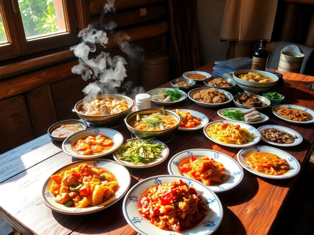 Mâncăruri tradiționale delicioase și aromate, prezentate apetisant.