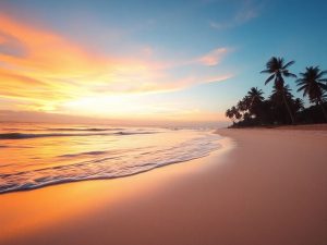 VisaTravel 32 Plajă calmă, apus, palmieri, valuri blânde