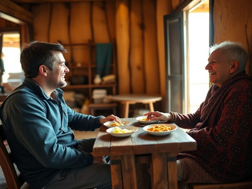 Un călător și un localnic zâmbind în timpul unei conversații.