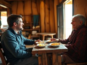 Un călător și un localnic zâmbind în timpul unei conversații.
