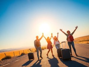 Persoane fericite călătorind fără griji.