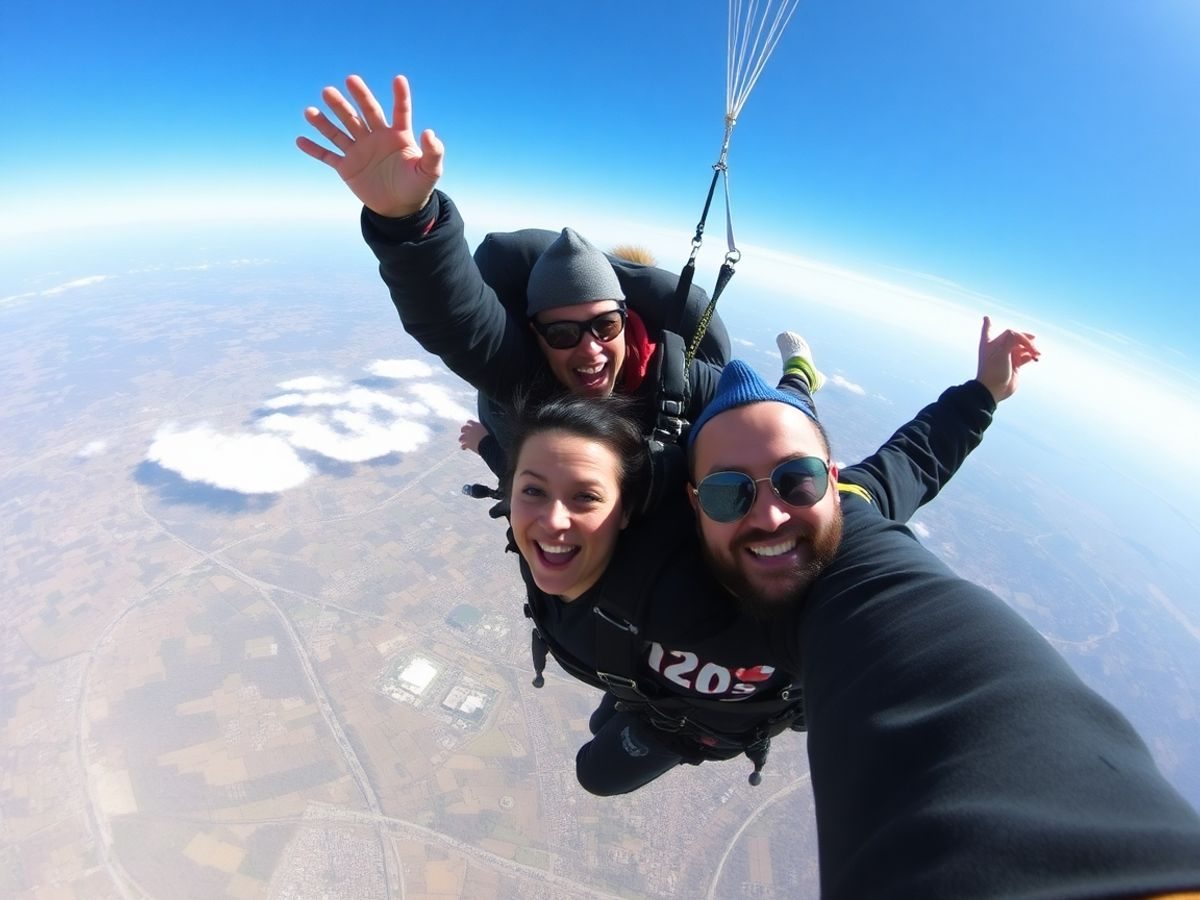 Persoane sărind cu parașuta din avion, cer senin.