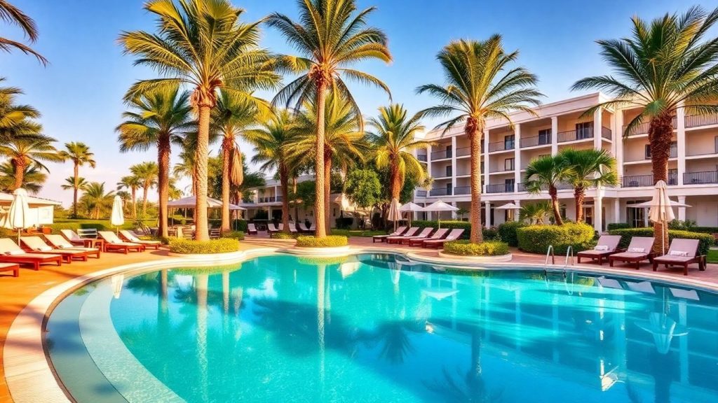 Resort cu piscină, palmieri și clădiri elegante.