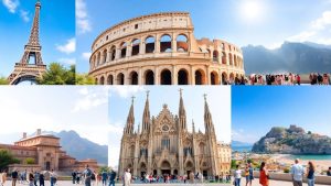 Colaj fotografic cu repere și peisaje europene faimoase