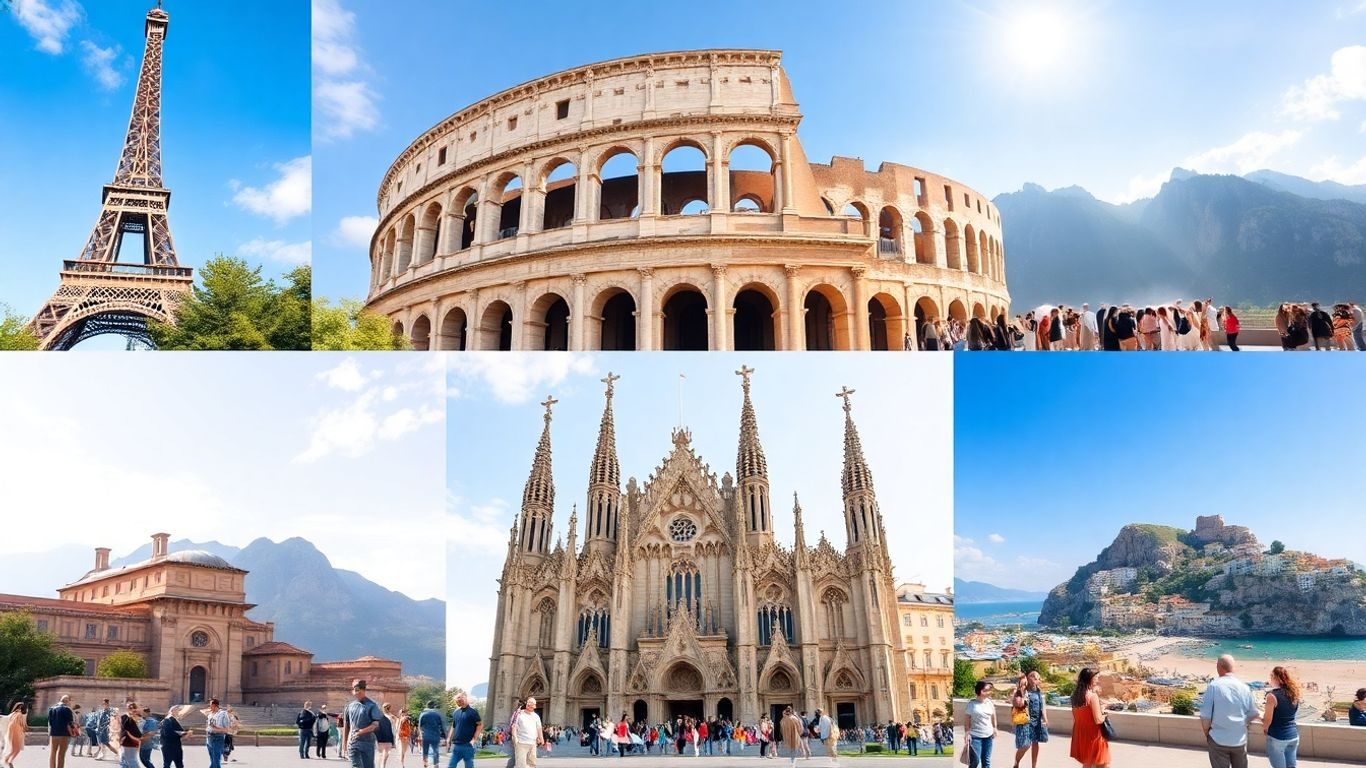 Colaj fotografic cu repere și peisaje europene faimoase